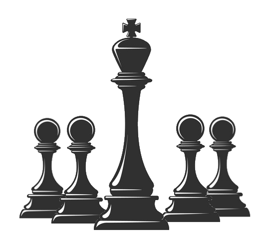 Des pièces d'échecs, un roi, entouré de 4 pions